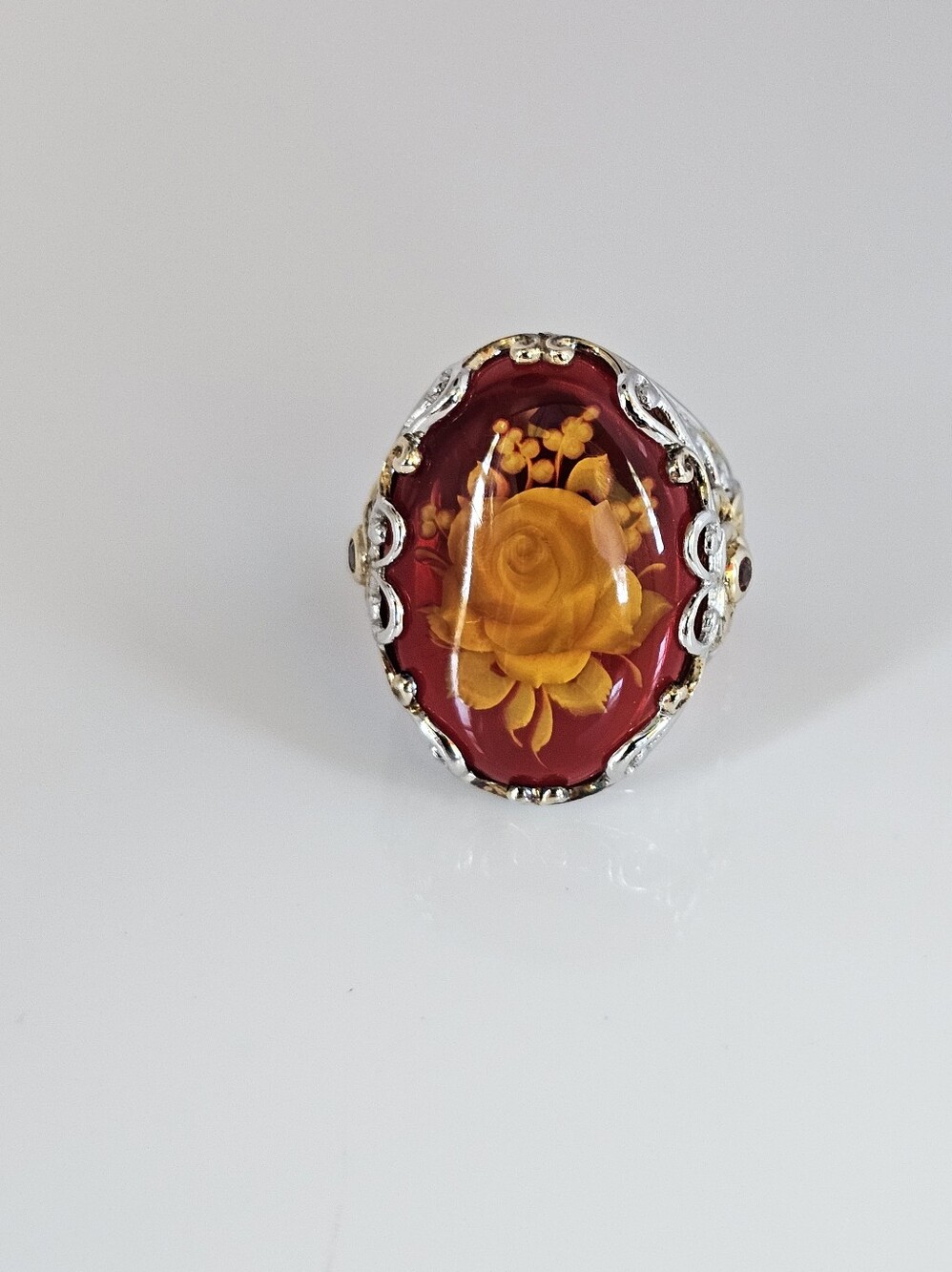 Genuine Gems En Vogue Carved Flower In Amber Ring Palladium Sterling Silver Sz 7